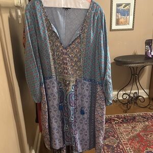 Tolani Boho Long Sleeve Dress in Teal with Multicolor Paisley